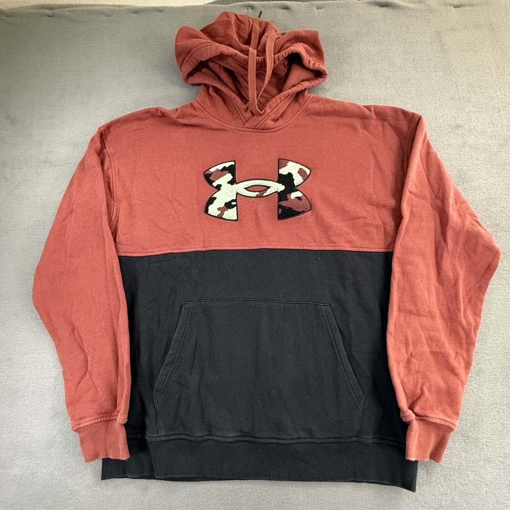 Under Armour Hoodie Large Red Black Two Tone Camo Logo Pullover Fleece Loose